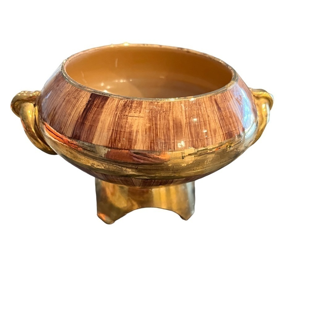 Small Italian Bowl Planter Vase Atomic Brown Brush Gold Trim Mid Century Modern